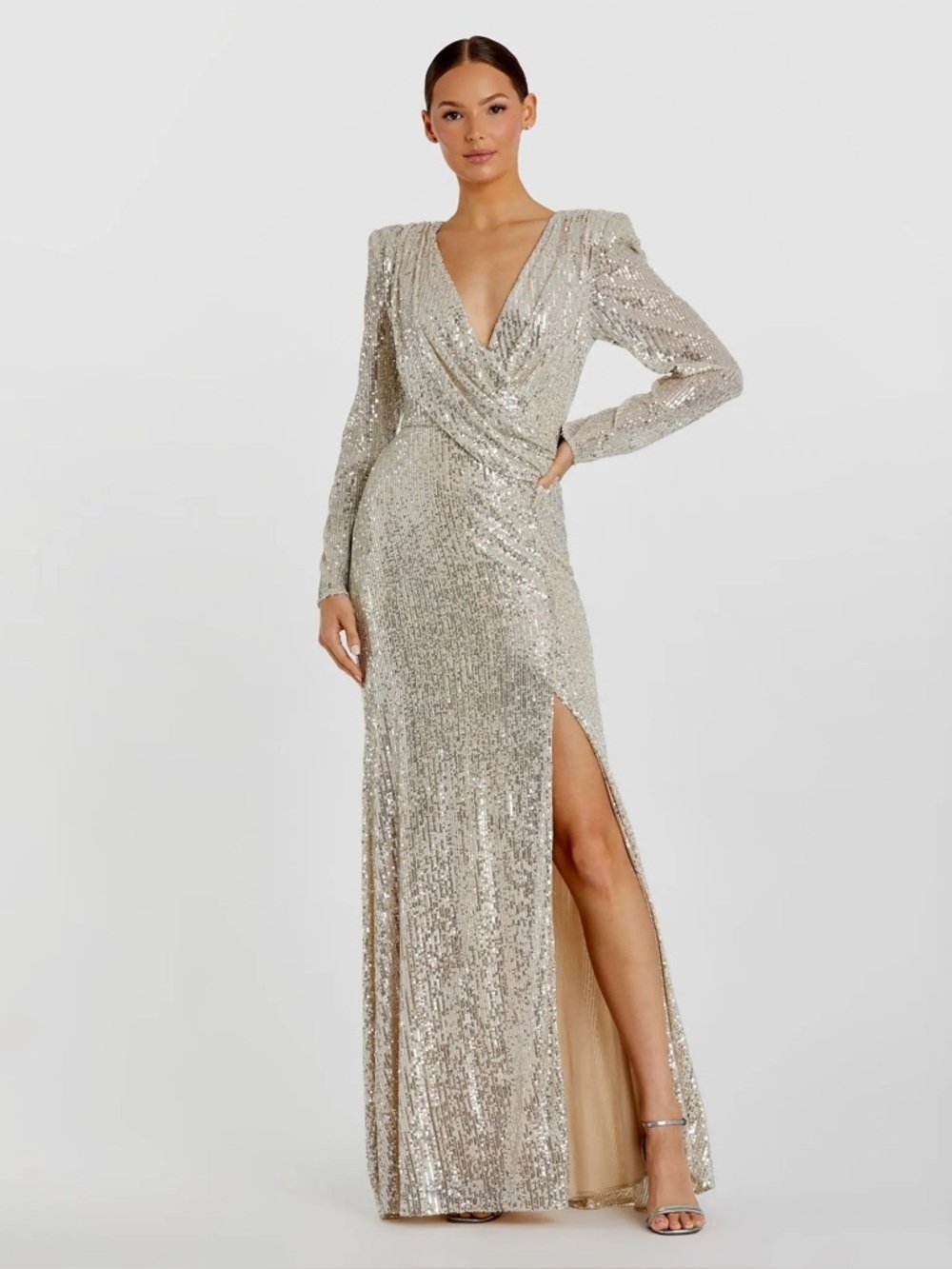 NWT IEENA for MAC DUGGAL Silver Sequined Long Sleeve‎ Faux Wrap Ruched Gown 12